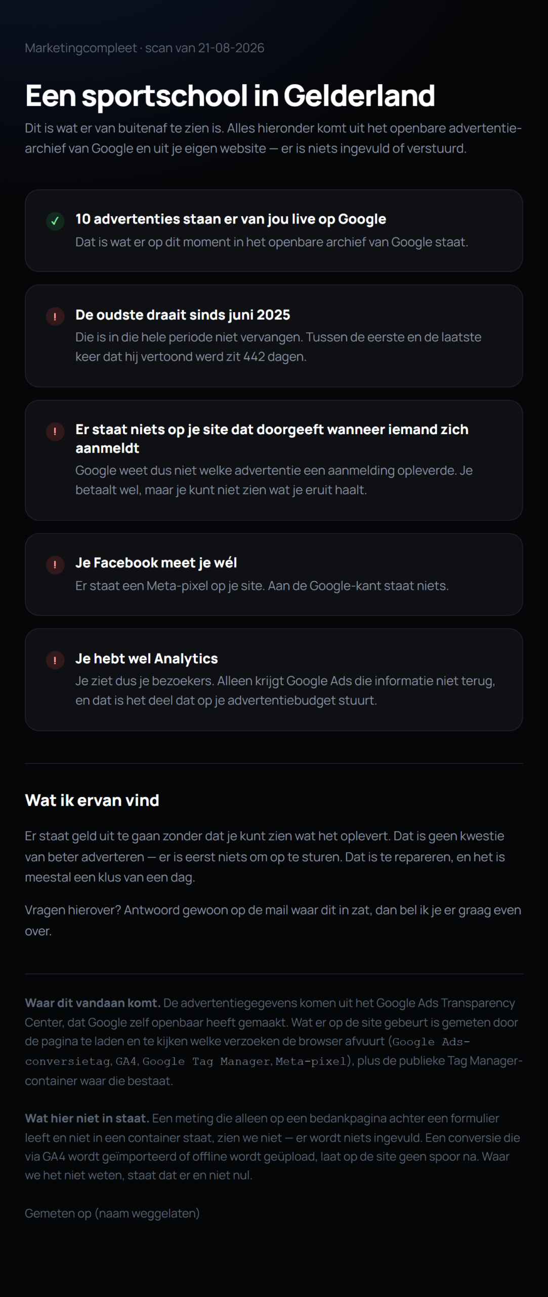 Voorbeeld van een scanrapport met bevindingen over advertenties en meting